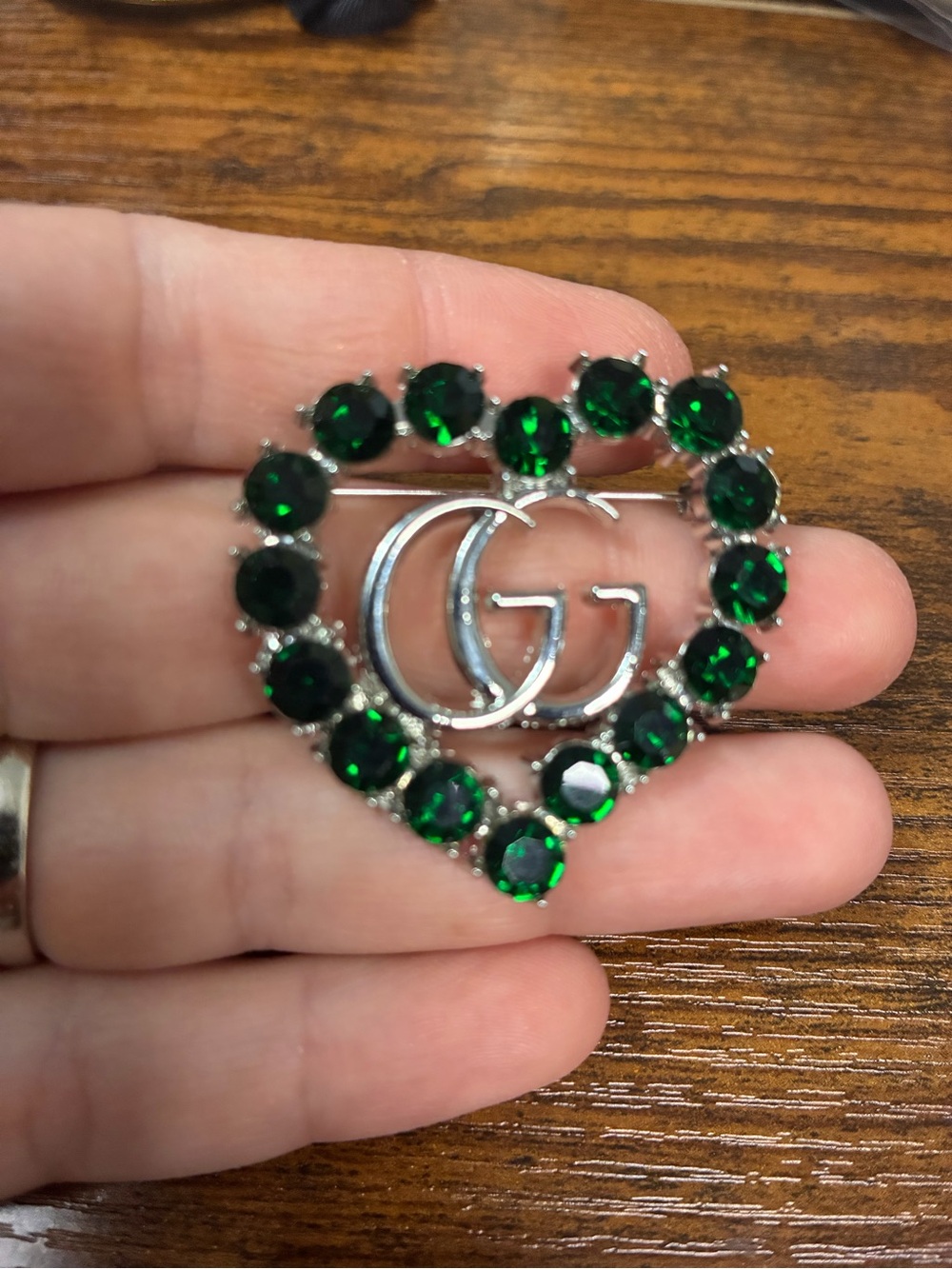 Green Crystal Heart Brooch with Interlocking Accent